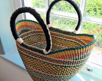 Large Bolga Basket, Ghanaian Basket, Straw Basket, Handwoven Basket, U Shopper Basket, Tote Bag, Handmade Storage Basket, Market Basket