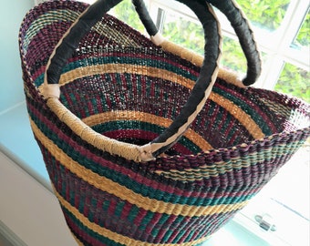 Large Bolga Basket, Ghanaian Basket, Straw Basket, Handwoven Basket, U Shopper Basket, Tote Bag, Handmade Storage Basket, Market Basket