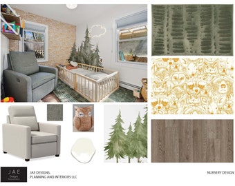 May include: A nursery design featuring a gray armchair, a wooden crib, a green and white rug, a white owl pillow, and a wall mural of trees and a cloud. The design also includes a sample of the wood flooring, a green and white patterned fabric, and a white paint swatch.