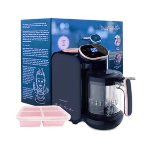 May include: A black and rose gold baby food maker with a digital display and a clear container. The food maker comes with a pink silicone tray with four compartments. The box for the food maker is blue and features the text "BrushinBella" and "Easy to Use".