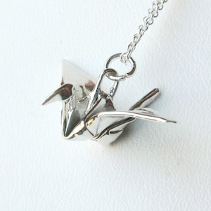 Silver Origami Crane Pendant - Hand Folded - True Origami Jewelry - Fine Silver Crane Necklace