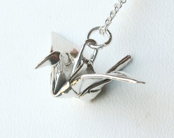 Silver Origami Crane Pendant - Hand Folded - True Origami Jewelry - Fine Silver Crane Necklace