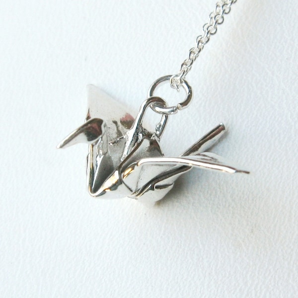 Pendentif grue en origami en argent - Plié à la main - Véritables bijoux en origami - Collier grue en argent fin