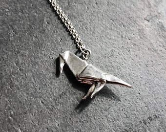 Silver Origami Crow Pendant, Raven Pendant - Origami Bird Necklace