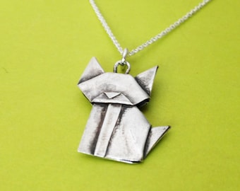 Hand Folded Silver Origami Cat Mini Pendant