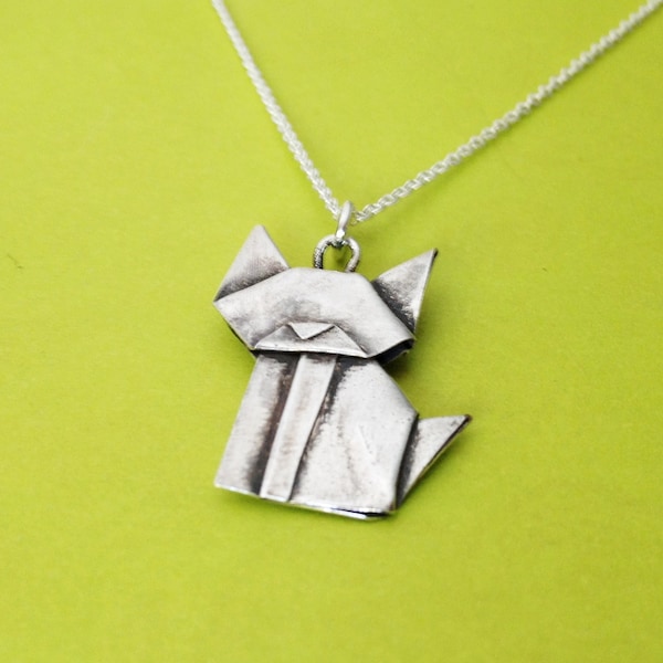Hand Folded Silver Origami Cat Mini Pendant