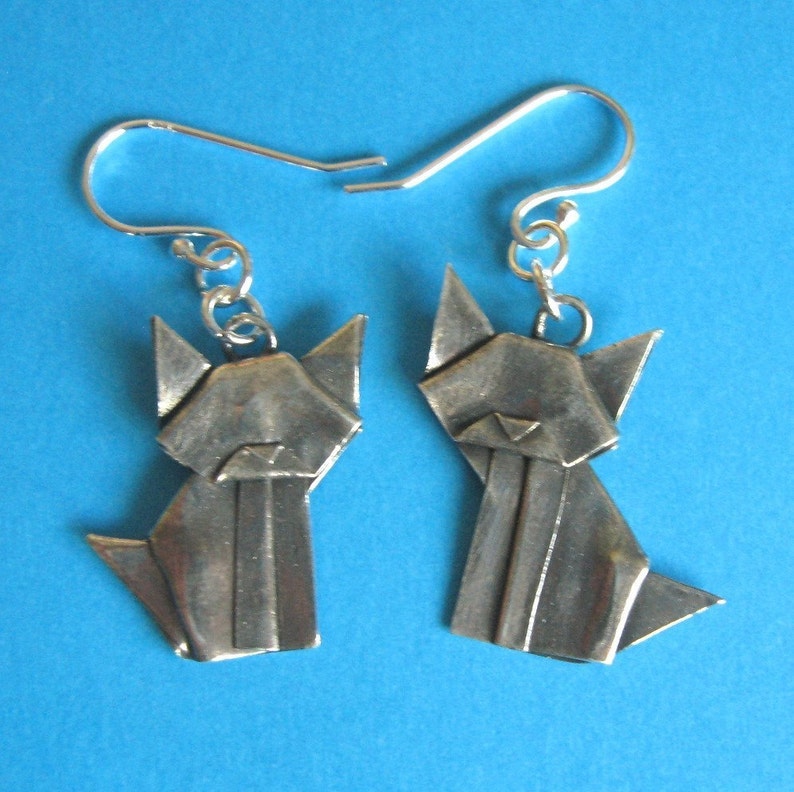 Silver Origami Cat Earrings Hand Folded Fine Silver image 2