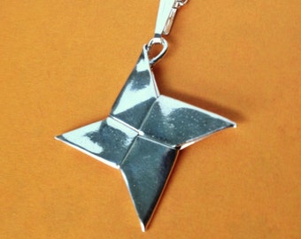 Silver Origami Shuriken Pendant, Ninja Star, Large