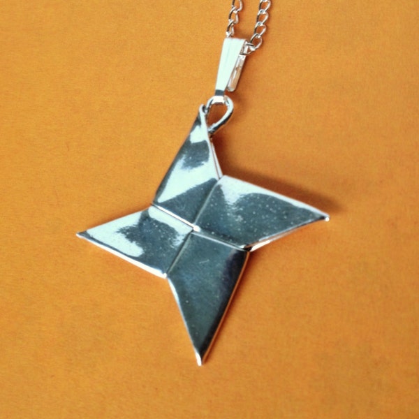Silver Origami Shuriken Pendant, Ninja Star, Large