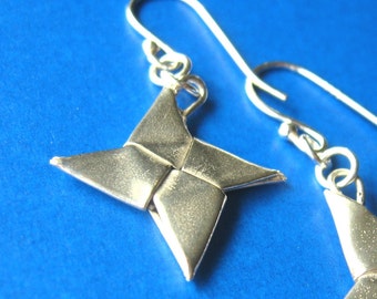 Silver Origami Shuriken Earrings, Ninja Stars