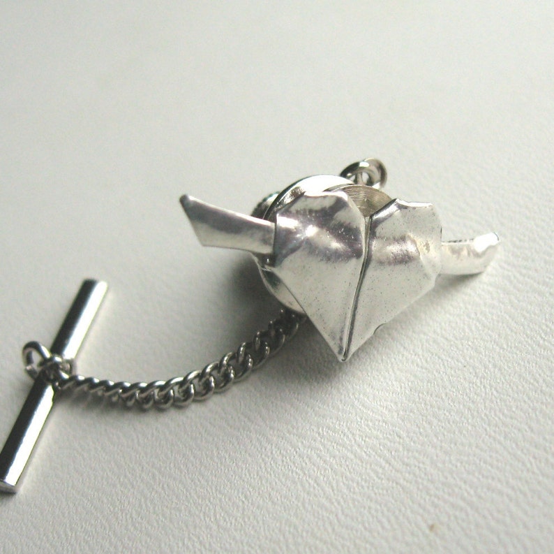 SIlver Origami Heart Tie Tack image 1