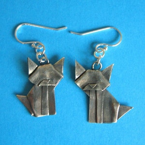 Silver Origami Cat Earrings Hand Folded Fine Silver image 3