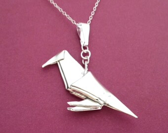 Silver Origami Crow Pendant, Raven Pendant - Origami Bird Necklace