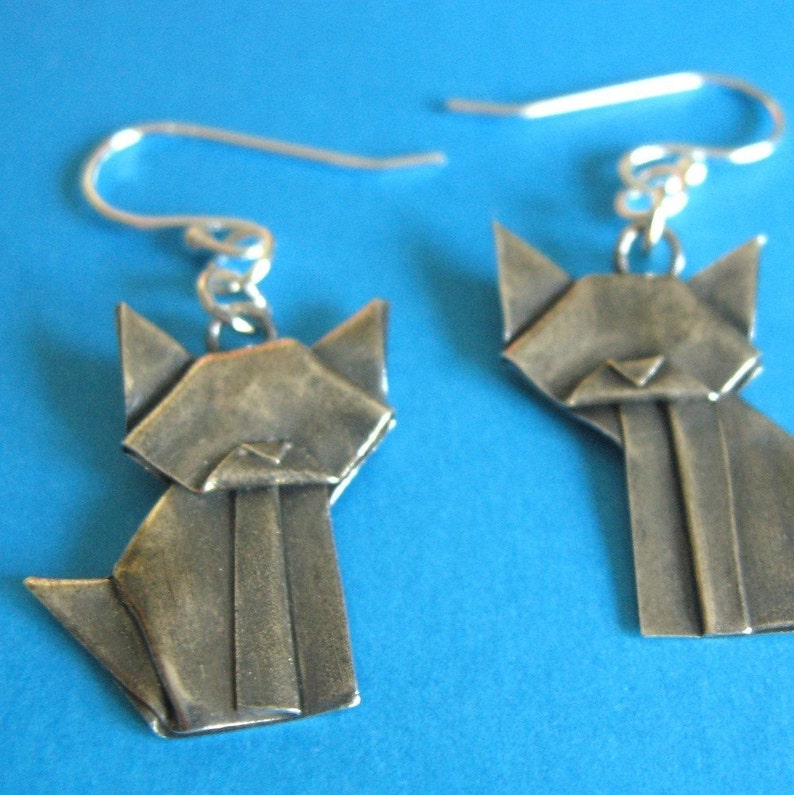 Silver Origami Cat Earrings Hand Folded Fine Silver image 1
