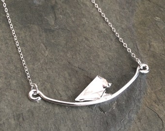 Silver origami bird trapeze pendant necklace