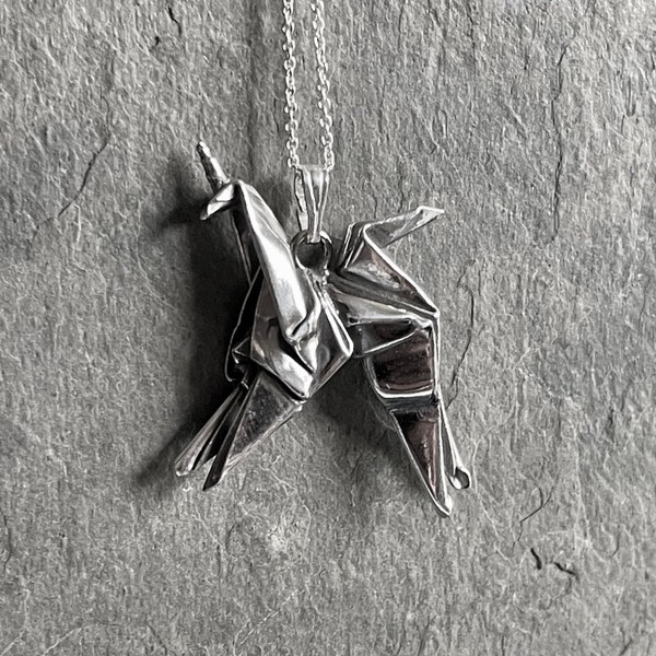 Hand Folded Silver Origami Unicorn Pendant - Blade Runner