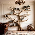 Tree Bookshelf Wall Decor, Wooden Branch Bookcase, Rustic Nature Art Shelves, Unique Wall Storage, Living Room Statement Furniture