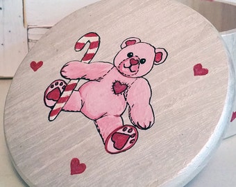 Wooden Keepsake Box, Wooden Trinket Box, Wooden Heart Box, Teddy Bear Painted Wooden Box, Heart Box Wooden Container,  Wooden Stash Box,