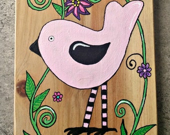 Whimsical Bird Art, Painted Wood Plaque, Bird Wall Hanging, Country Home Decor, Painted Cutting Board, Bird Folk Art, Floral Art, Flowers