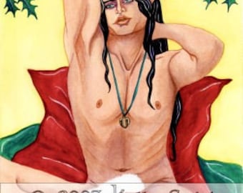 Mature Fantasy Art Print, Jingle Bells, Sexy Art, Long Hair Christmas Elf Painting, Naked Men, Gay Men, Naughty Christmas Gifts, Male Nudity