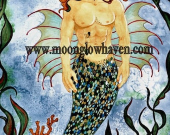 Under the Sea Original Watercolor Painting, Merman Fantasy Artwork, Neptune Mythical Creature, Mixed Media Male Art, Gay Male Art, Gift Idea