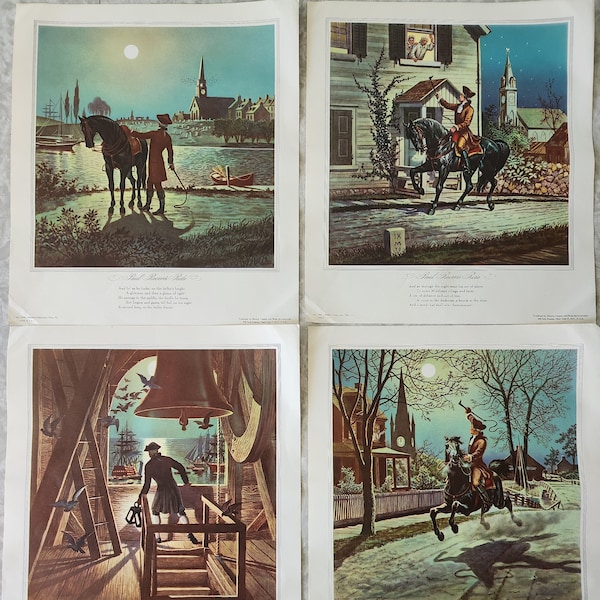 Paul Revere's Ride Prints (4) with folder, 1942, Joseph Boggs Beale, Artist, Henry Wadsworth Longfellow, Poet