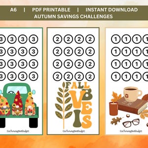 May include: Three printable autumn savings challenge trackers. The first tracker features a green truck with three gnomes and the text "Em ThrivingOnABudget". The second tracker features a green and orange fall leaves design with the text "Fall is" and "Em ThrivingOnABudget". The third tracker features a cup of coffee, a book, and glasses with the text "Em ThrivingOnABudget".