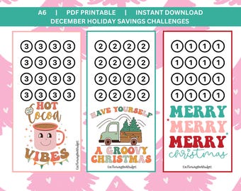 May include: Three printable Christmas savings challenge cards with festive illustrations and text. The first card features a hot cocoa mug with the text "Hot Cocoa Vibes". The second card features a vintage truck with a Christmas tree and the text "Have Yourself a Groovy Christmas". The third card features the text "Merry Merry Merry Christmas". Each card has a grid of circles for tracking savings.