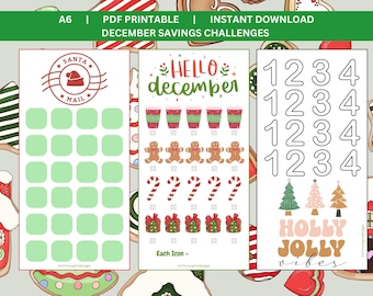 May include: Printable December savings challenge cards with a Santa mail theme, a Hello December theme, and a Holly Jolly Vibes theme. The cards feature a variety of Christmas-themed icons, including candy canes, gingerbread men, and gift boxes.