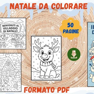 May include: A Christmas-themed coloring book titled "NATALE DA COLORARE" with the text "50 PAGINE". The cover features illustrations of Santa Claus, elves, and a reindeer. The book is in PDF format.