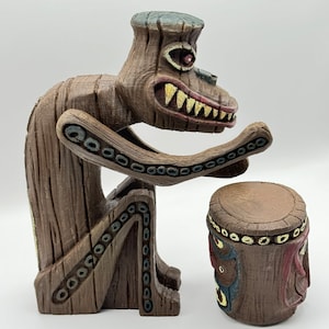 10" Hand-Painted 3D-Printed with Real Wood, Tiki Drummer & Drum based on Disney Parks, Tiki Bar Decor, Theme Park Prop, Memorabilia, 3 Sizes