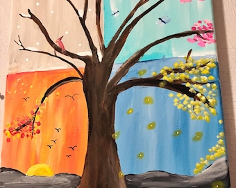 Four Seasons Tree Wall Art Canvas Painting Original Acrylic Handmade Nature Artwork Decor Home Office Wall Decoration Colorful Seasonal Year