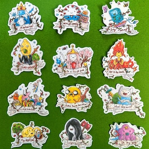 May include: A collection of Adventure Time stickers featuring various characters and phrases. Each sticker has a unique design with vibrant colors and text like "Oopsies?" and "We're all candy."