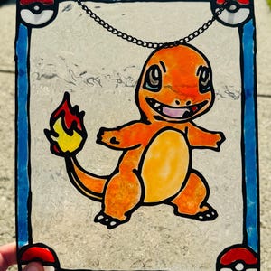 Charmander de Pokémon con Pokebolas, juego retro de cartas, vitral acrílico falso - Decoración para ventanas y paredes