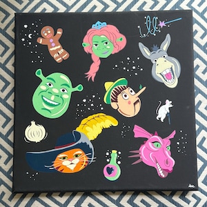 Shrek Character and Item Collage featuring Shrek, Donkey, Princess Fiona, Puss in Boots and more on a 12x12 Black Matte Canvas - Dreamworks