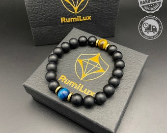 Black Matte Onyx with Yellow&Blue Tiger's Eye Beaded Bracelet - Unisex Jewelry with Free Gift Box - 10mm Beads - Free Shipping Worldwide