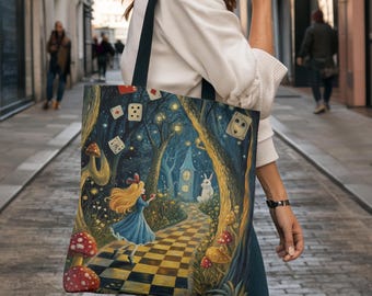 Sac fourre-tout Alice au pays des merveilles - joli cadeau pour les amoureux des livres, sac de voyage littéraire, sac à provisions citation chat du Cheshire, sac à main du Chapelier fou pour le thé, blanc