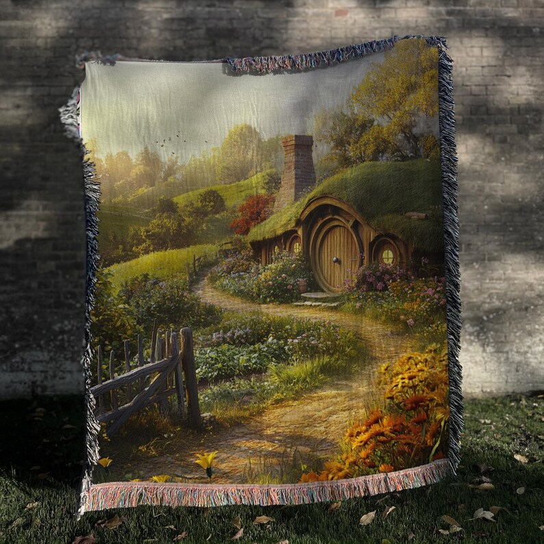 K&ouml;nnte beinhalten: Eine gewebte Wandteppich mit einem fantasievollen Hobbit-Haus mit einer runden T&uuml;r und einem gr&uuml;nen Dach. Das Haus ist umgeben von &uuml;ppigem Gr&uuml;n und einem gewundenen Weg. Der Wandteppich hat ein rustikales, erdiges Gef&uuml;hl.