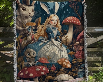Alice in Wonderland Woven Blanket, Cozy Storybook Lap Quilt, Reading Nook Decor,