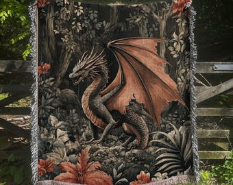 Fantasy Dragon Woven Blanket: Cotton Medieval Tapestry