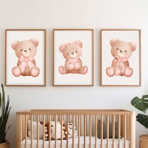 Set Of 3 Wall Art Nursery Pink Bow Coquette Room Decor Wall Art Baby Girl Nursery Digital Download Art Pink Bow Poster Pink Playroom Art