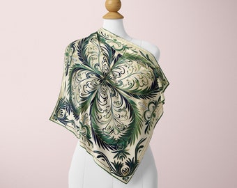 Bufanda de seda de hoja verde elegante y hermosa inspirada en patrones vintage de mandala y paisley, bufanda de seda para mujer, bufanda de seda estilo pintada a mano