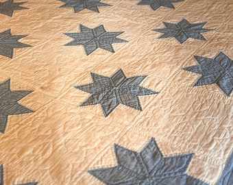 Antieke Blue Star Quilt, Hand gestikt, met de hand genaaid, zomerquilt, Vintage