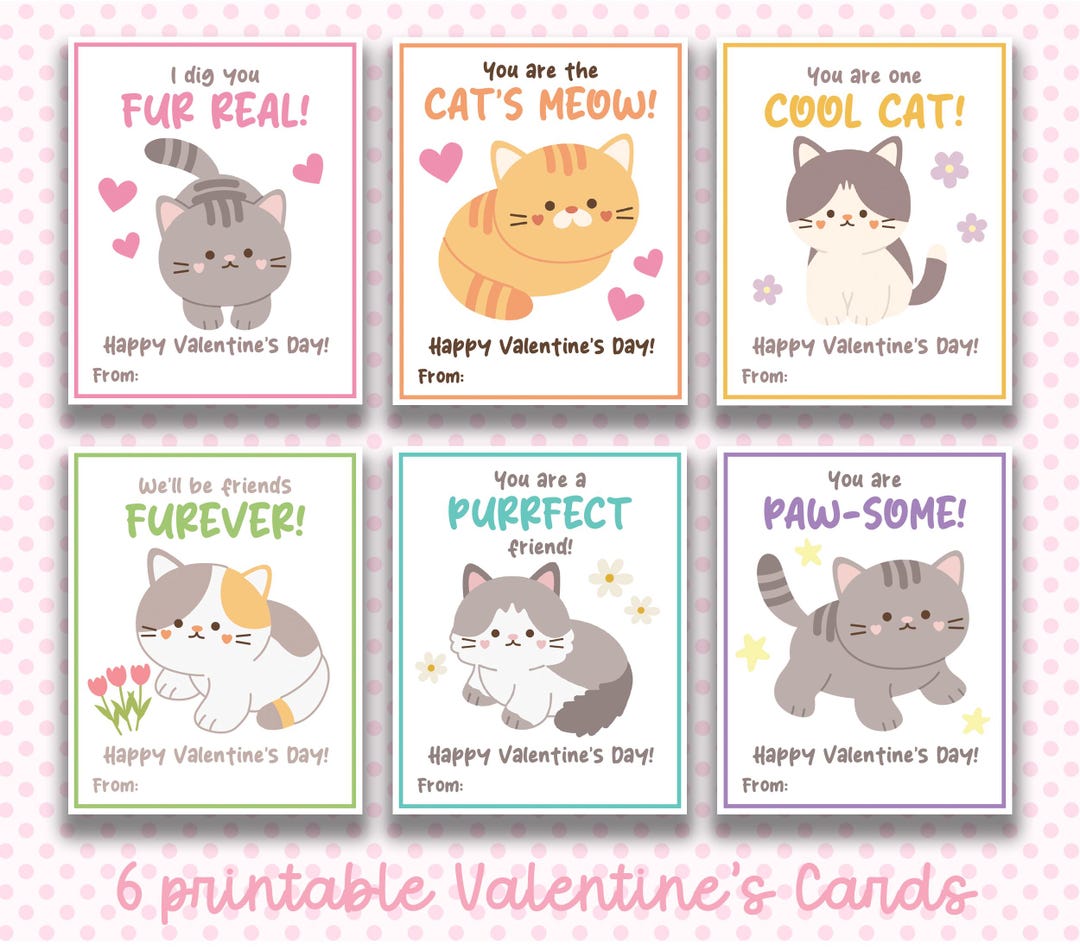 Cat Valentine's Day Cards, Printable Kids Valentine (digital Download ...