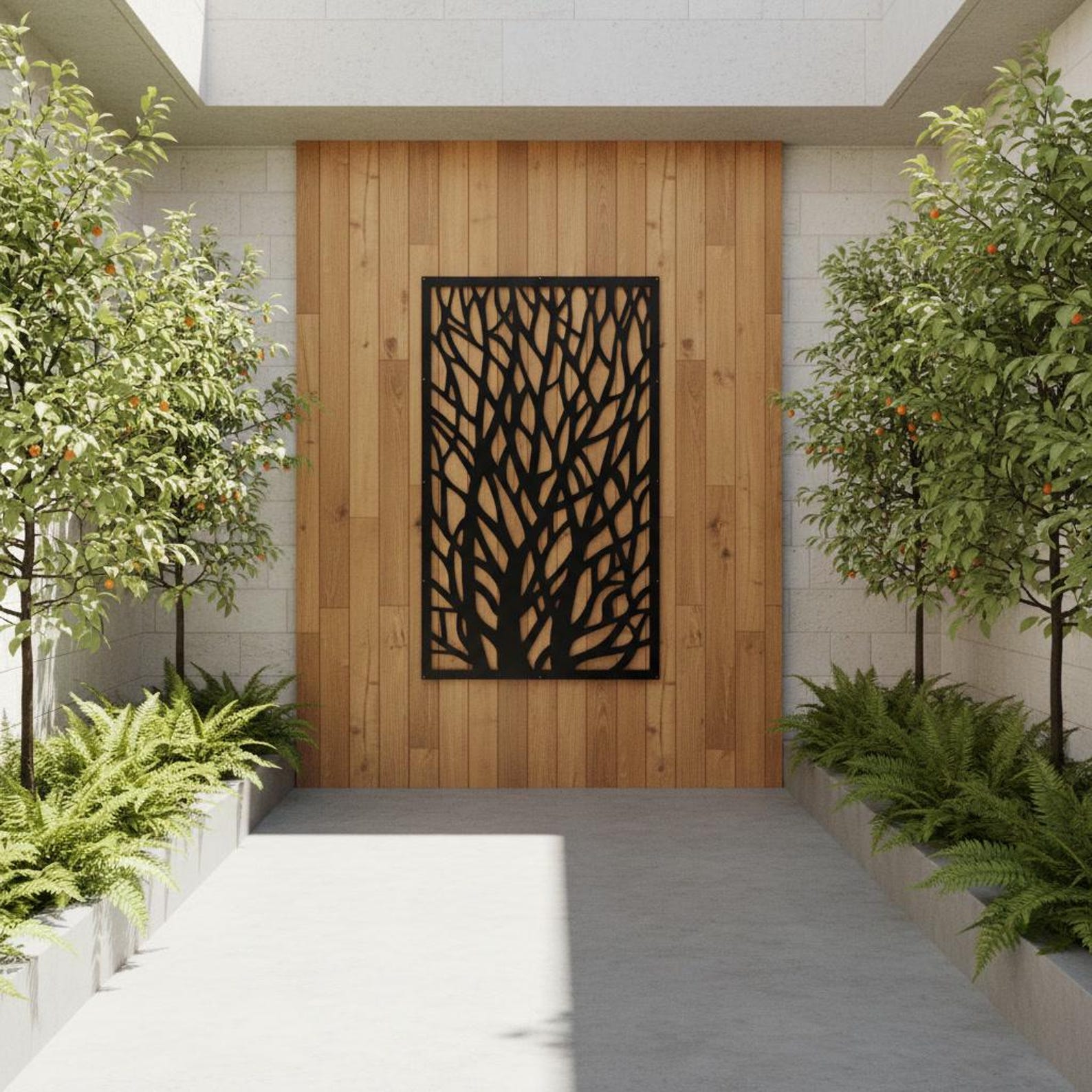 Wood Framed Tree Branch Privacy Screen, Nature Metal Fence Panel ...