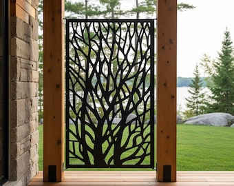 Wood Framed Tree Branch Privacy Screen, Nature Metal Fence Panel, Backyard Privacy Art