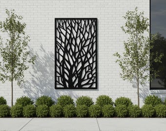 Rustic Modern Tree Branch Privacy Panel, Metal Garden Fence Insert, Backyard Nature Art
