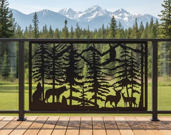 Wildlife Metal Privacy Screen, Rustic Forest Cabin Decor