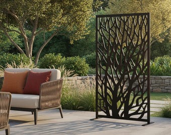 Elegant Tree Branch Garden Privacy Screen, Metal Outdoor Wall Art, Decorative Fence Panel