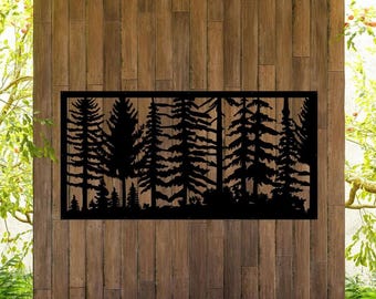 Rustic Forest Metal Privacy Screen, Aluminum Woodland Fence Panel, Cabin Decor